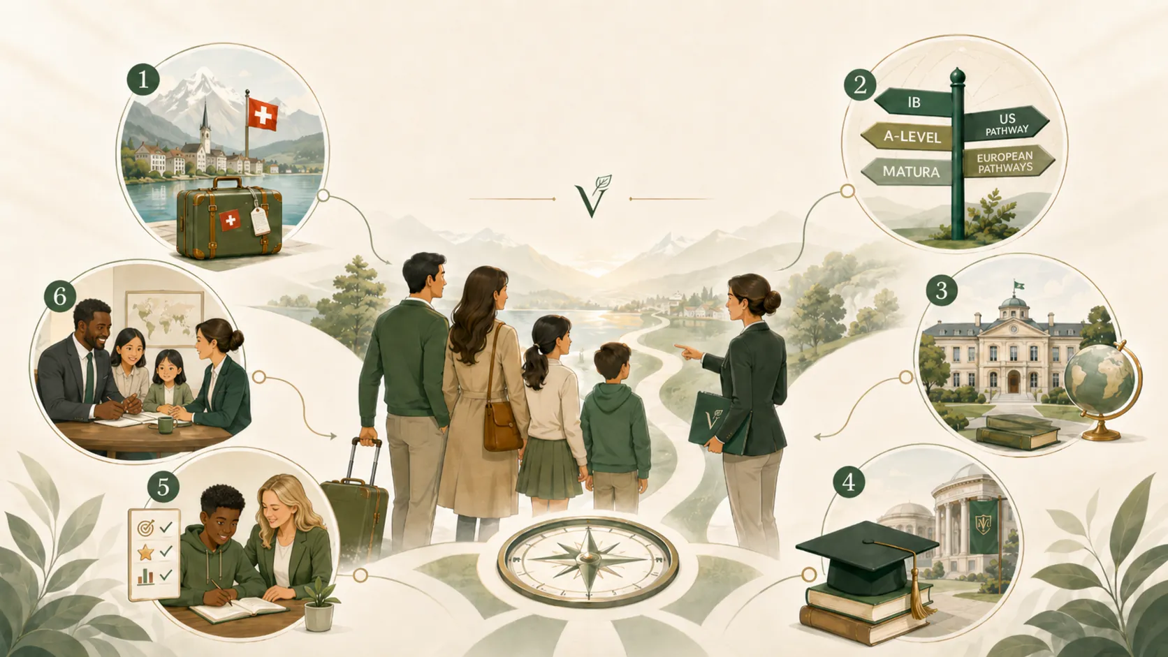 Illustration of a family's education journey: moving to Switzerland, choosing between IB, A-Level, Matura, US and European pathways, visiting schools and universities, mentoring and family advisory.