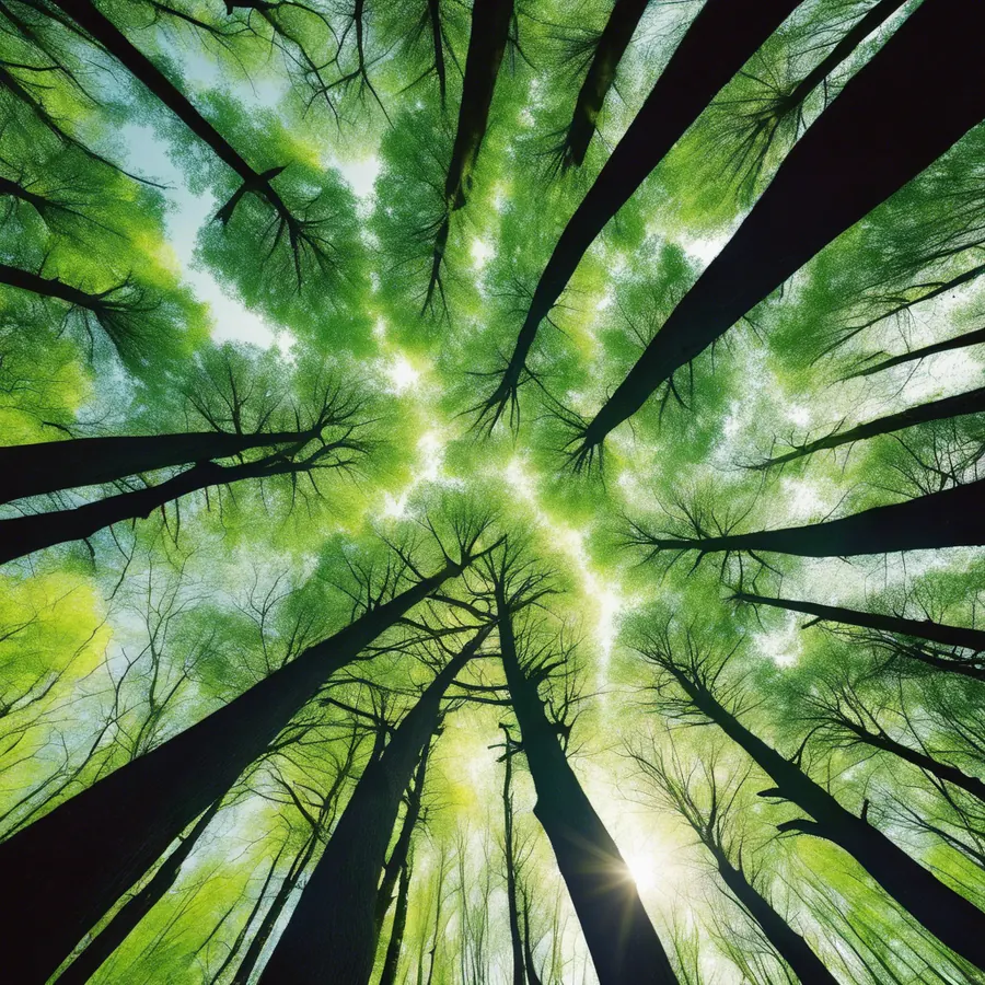 Looking up at the canopy of tall trees in a forest